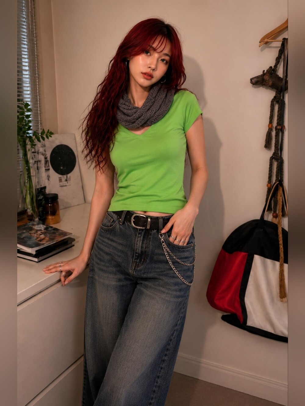 5/$15 Ardene Bright Green V-Neck Tee